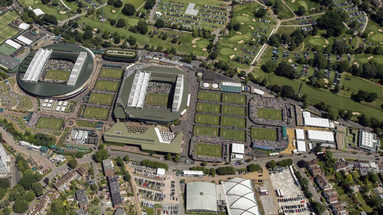 FILE - An aerial view of All England Tennis Club on day seven of the Wimbledon Tennis Championships in London, July 8, 2019.