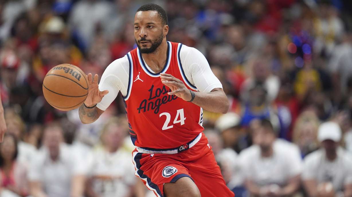 FILE - Los Angeles Clippers guard Norman Powell (24) in the second half of Game 7 of an NBA basketball first-round playoff series May 3, 2025, in Denver.