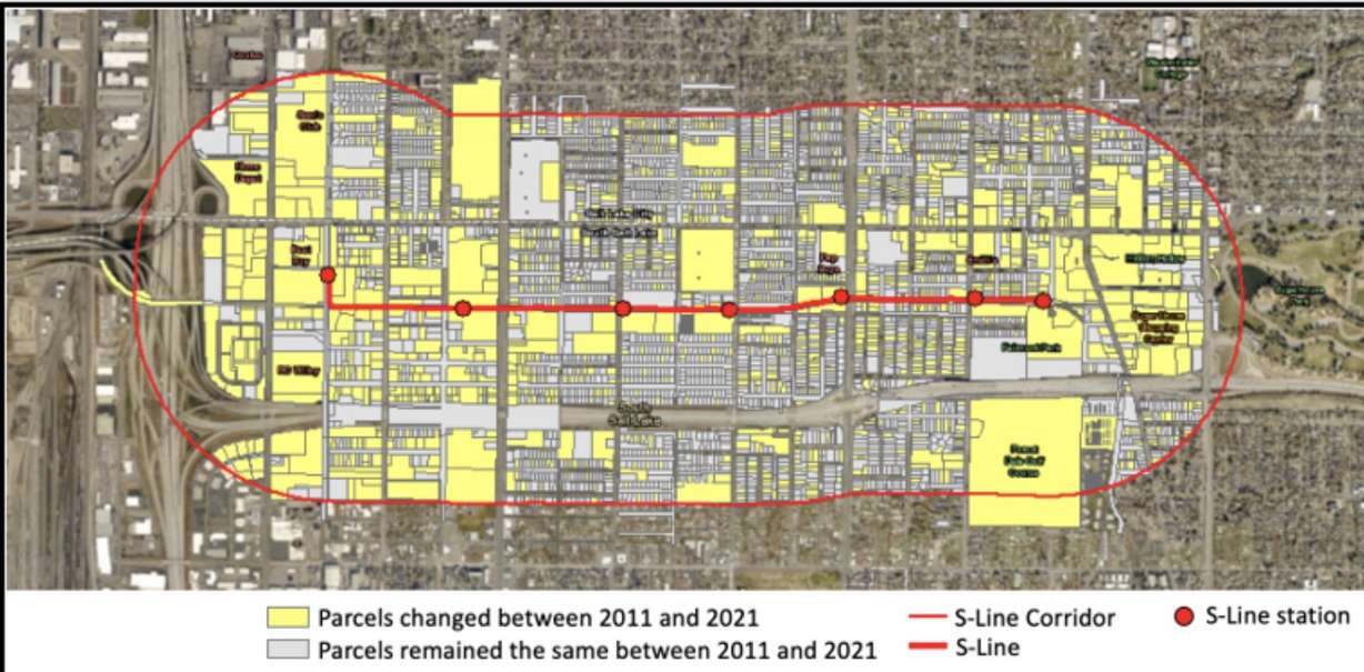 A map of South Salt Lake and Sugar House developments near the S-Line as of 2021. Yellow indicates where new developments took place since construction of the S-Line began in 2011.