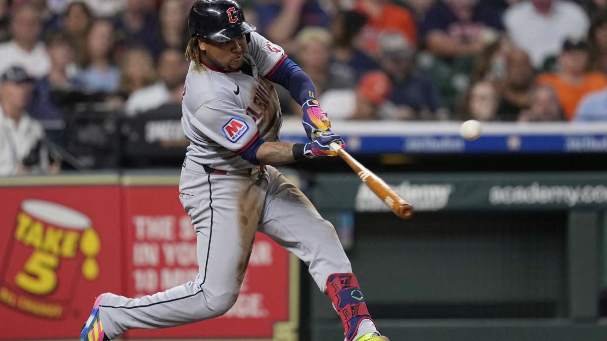 Cleveland Guardians' José Ramírez hits a three-run home run against the Houston Astros during the fifth inning of a baseball game Monday, July 7, 2025, in Houston.