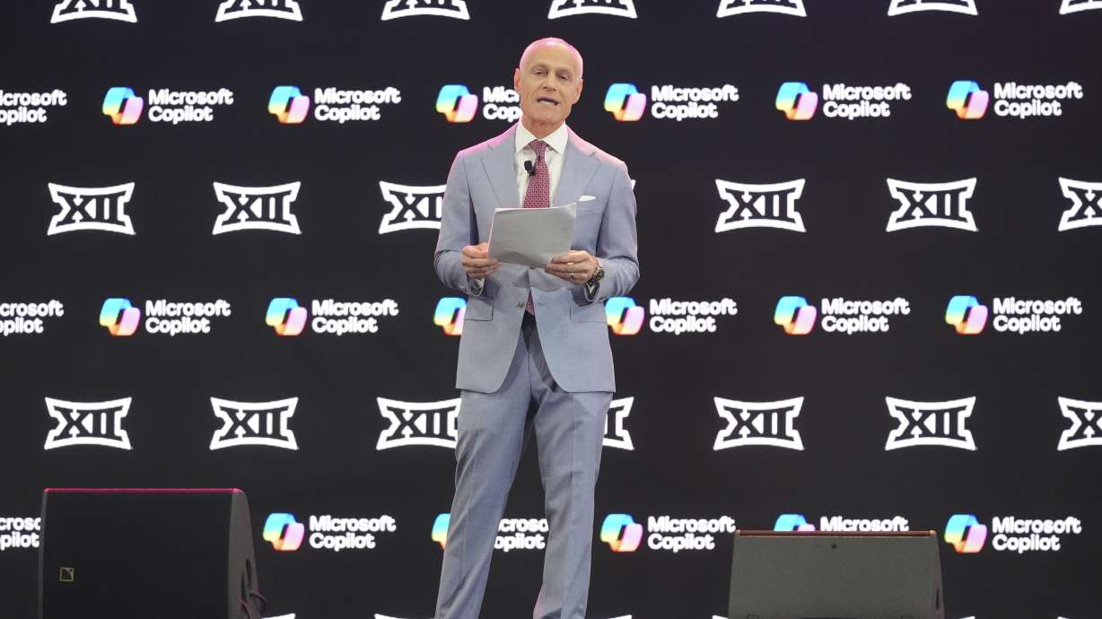 Big 12 Commissioner Brett Yormark speaks at the Big 12 NCAA college football media days in Frisco, Texas, Tuesday, July 8, 2025.