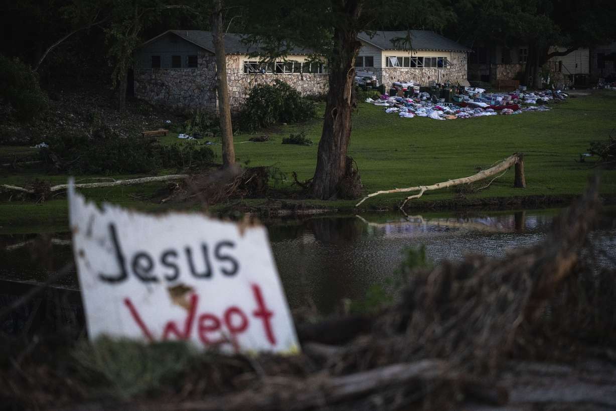 Campers' belongings at Camp Mystic near the Guadalupe River, Monday, in Hunt, Texas. Five campers and one counselor from Camp Mystic have still not been found as of Tuesday, with at least 27 from the camp confirmed dead.