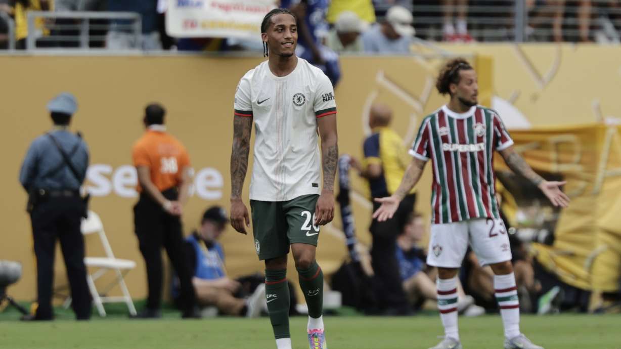 Chelsea's Joao Pedro reacts after scoring his side's opening goal during the Club World Cup semifinal soccer match between Fluminense and Chelsea in East Rutherford, N.J., Tuesday, July 8, 2025.