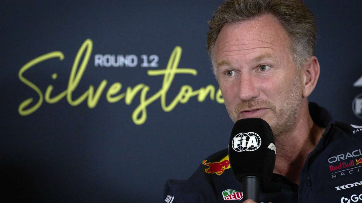 Red Bull team principal Christian Horner attends a news conference at the Silverstone racetrack, ahead of the British Formula One Grand Prix, in Silverstone, England, Friday, July 4, 2025.