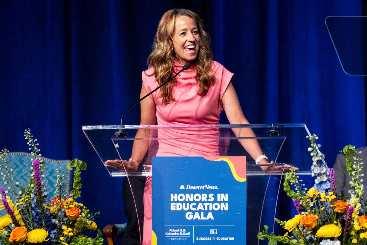 Utah first lady Abby Cox speaks during the Show Up For Teachers – Honors in Education Awards Gala held at the Grand America Hotel in Salt Lake City on Tuesday.