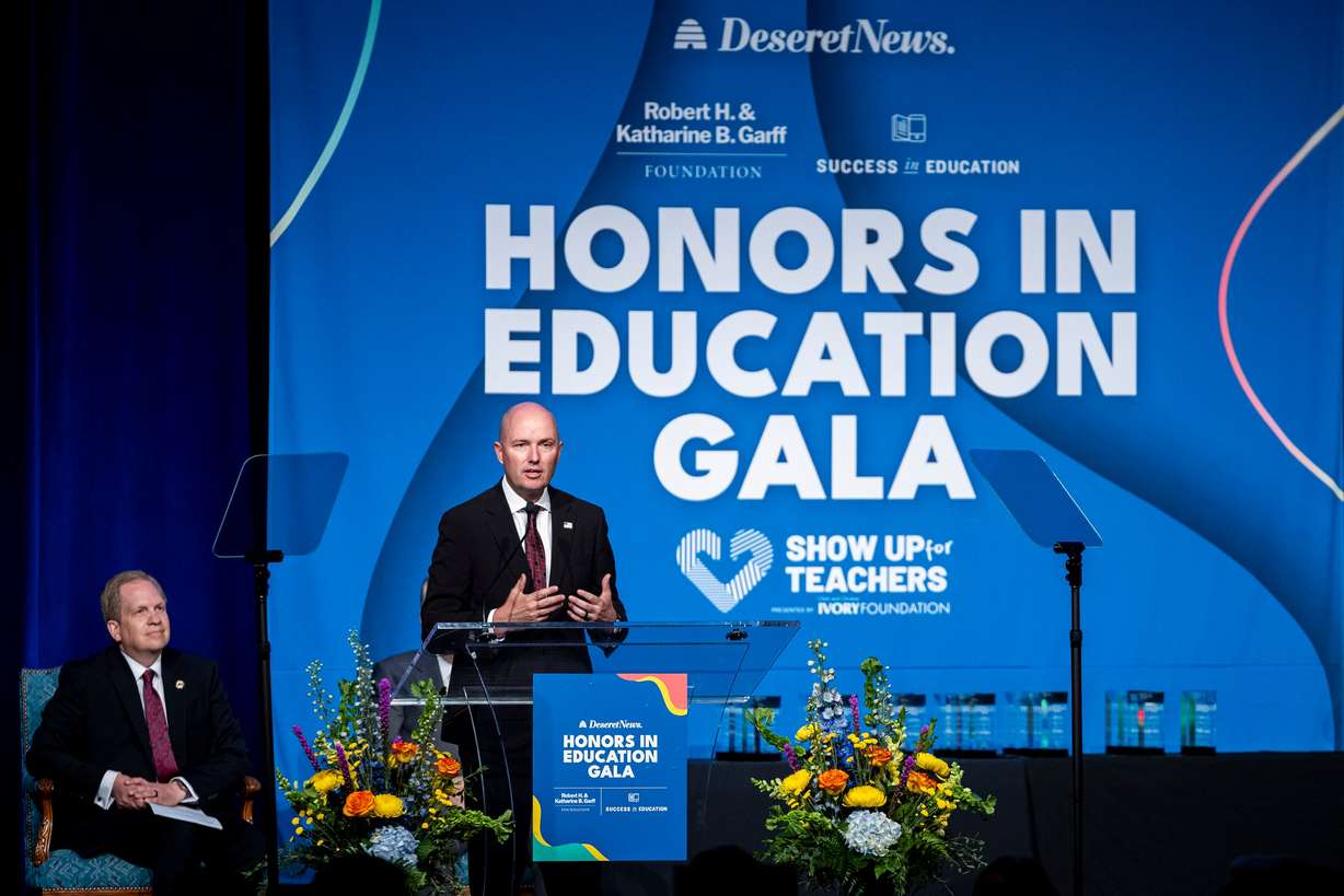 Utah Gov. Spencer Cox speaks during the Show Up For Teachers – Honors in Education Awards Gala held at the Grand America Hotel in Salt Lake City on Tuesday.