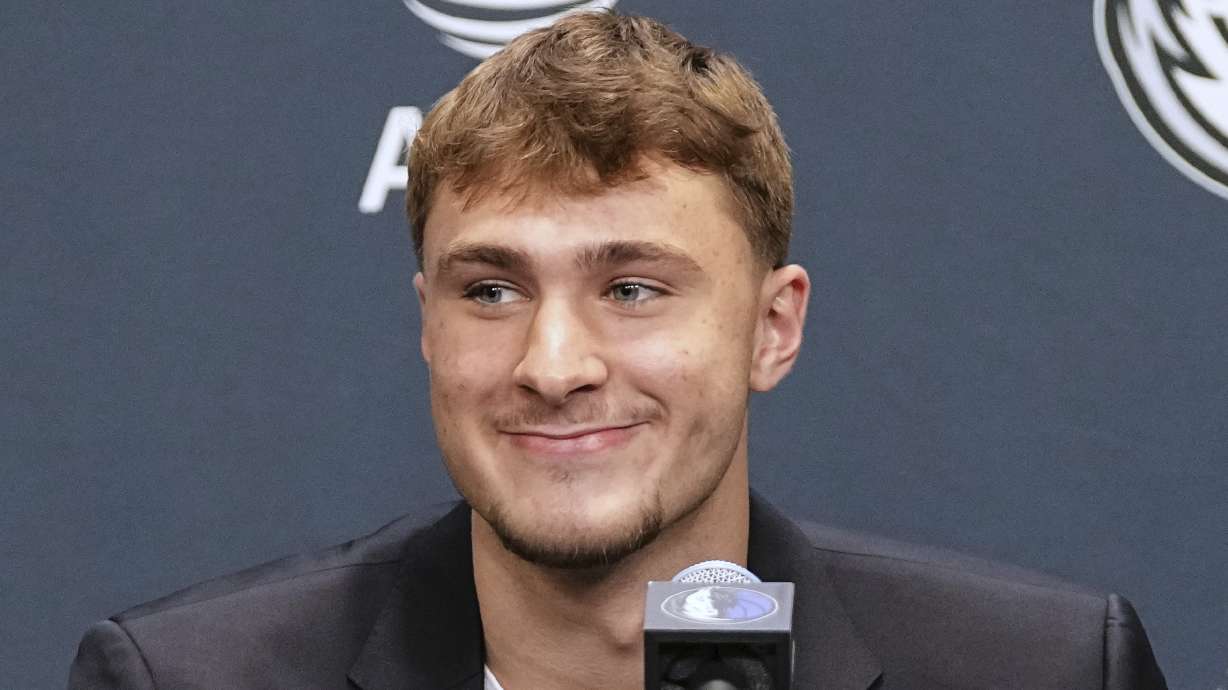 Dallas Mavericks' Cooper Flagg, the No. 1 overall pick in the NBA draft, takes questions during an NBA basketball press conference at the team's practice facility, Friday, June 27, 2025, in Dallas.