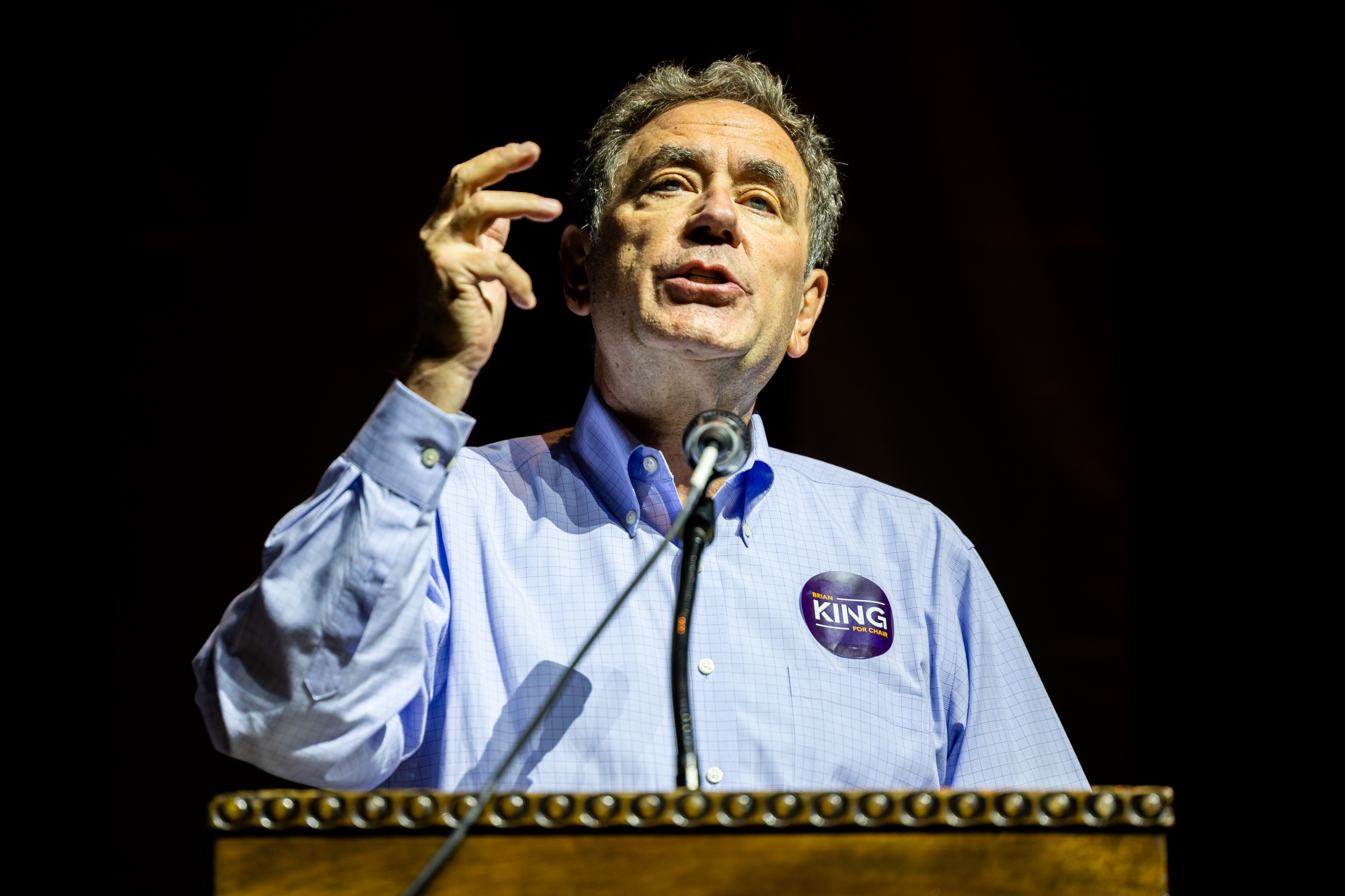Brian King, a candidate for chairman of the Utah Democratic Party, speaks in Ogden on May 31. King will join California Congresswoman Sara Jacobs for a town hall in Sandy on Friday.