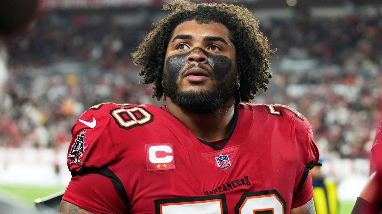 FILE - Tampa Bay Buccaneers offensive tackle Tristan Wirfs leaves the field at half time during an NFL football Wild Card playoff game against the Washington Commanders, Jan 12, 2025, in Tampa, Fla. , File