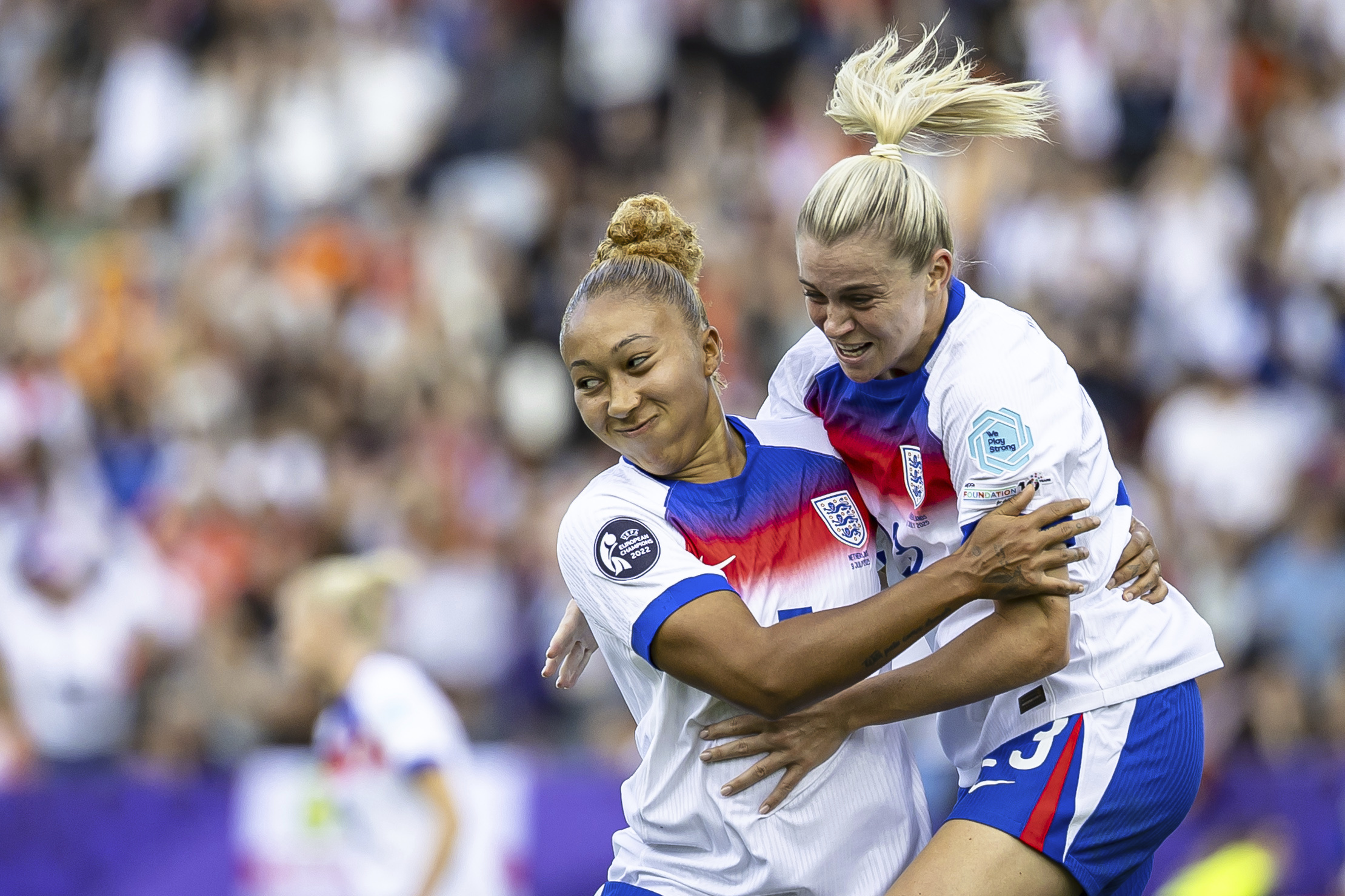 England's Lauren James, right, celebrates with England's Alessia Russo after scoring the opening goal during theEuro 2025, group D, soccer match between England and the Netherlands in Zurich, Switzerland, Wednesday, July 9, 2025.