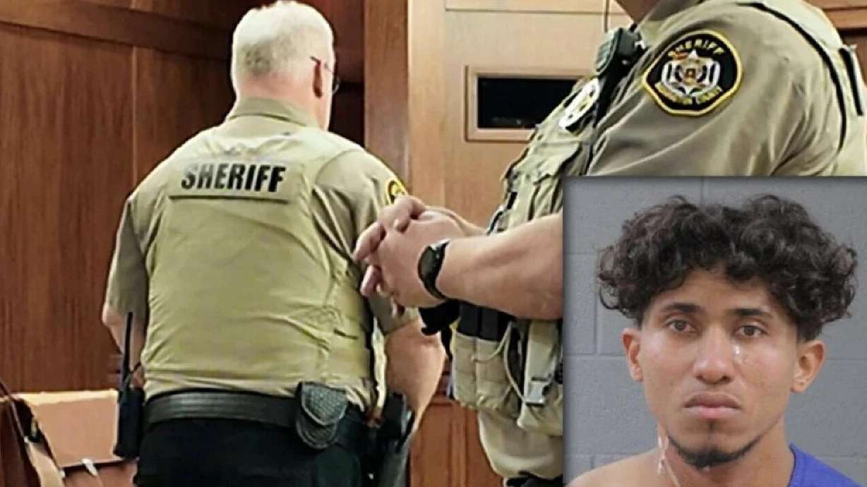 A combination photo shows bailiffs at 5th District Court in St. George and a booking photo of 23-year-old Elian De Jesus Arias-Sierra, following a stabbing off of Dixie Downs Road that led to his arrest in Washington County, Jan. 3.