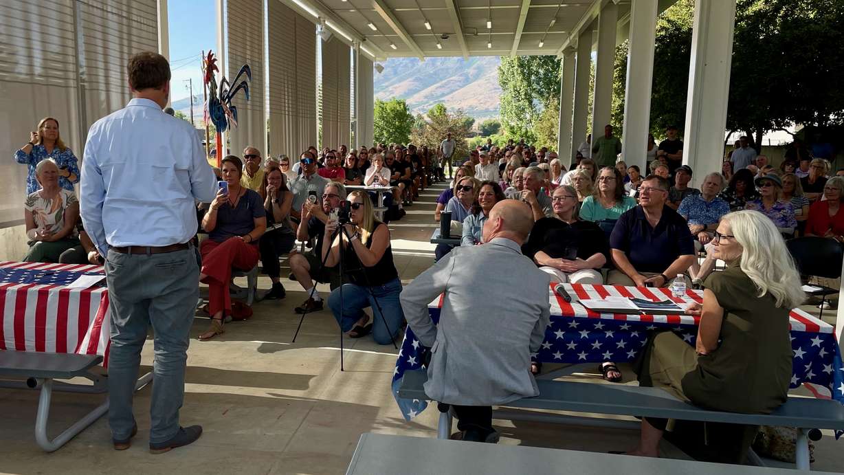 The four mayoral hopefuls for the new city taking shape in the Ogden Valley, Kyle Reeder, Andrew Newton, Shanna Francis and Janet Wampler, not pictured, spoke at a forum in Huntsville on Tuesday.