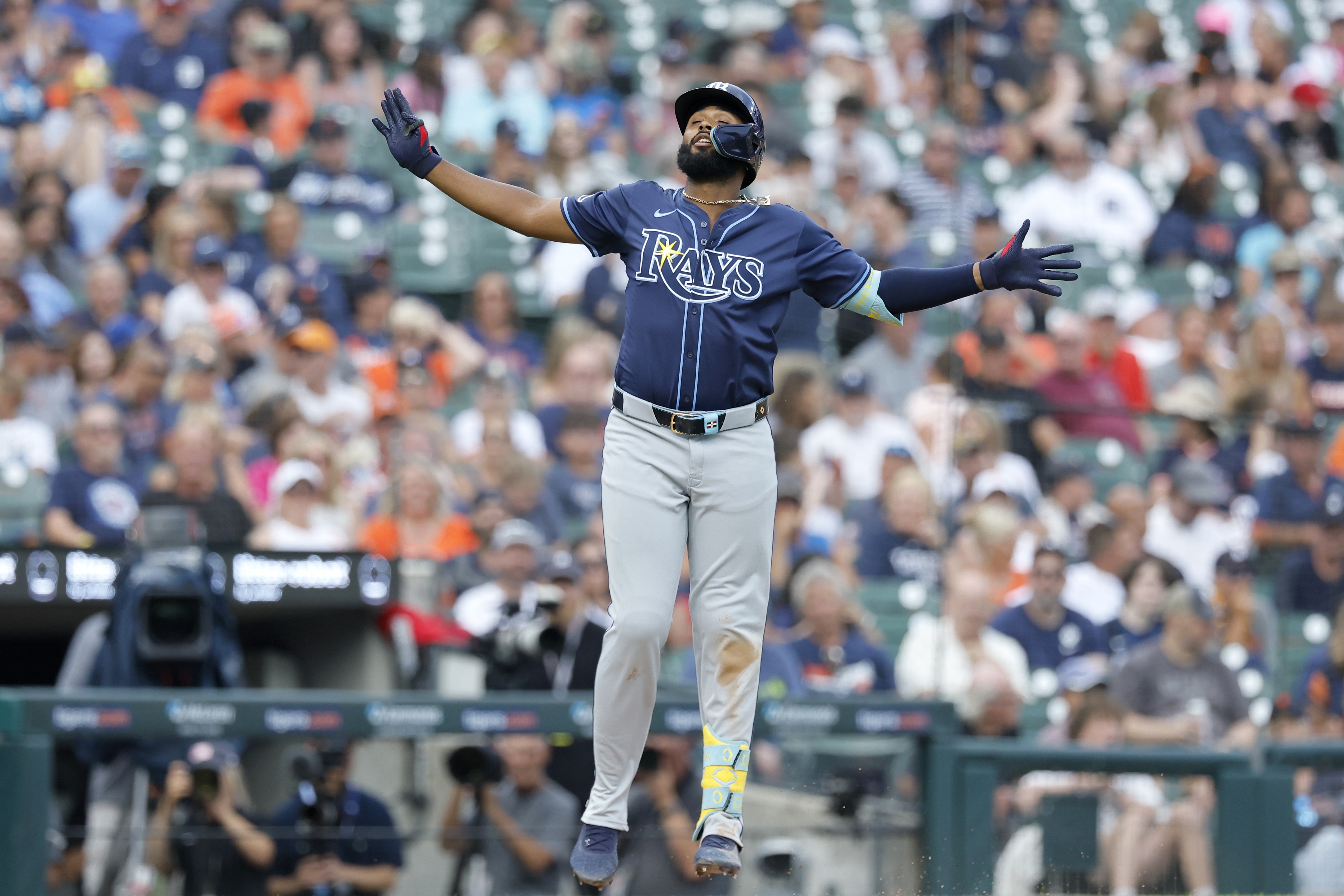 Tampa Bay Rays' Junior Caminero celebrates his home run against the Detroit Tigers during the seventh inning of a baseball game Wednesday, July 9, 2025, in Detroit.