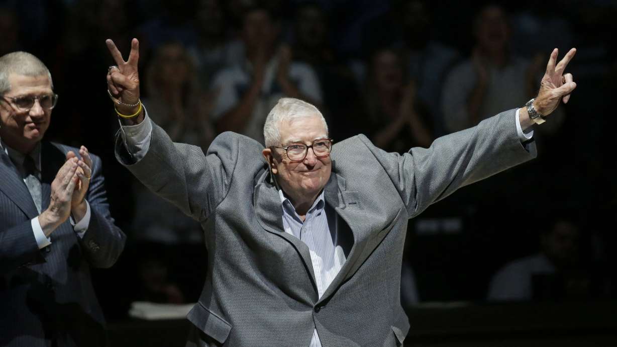 FILE - Frank Layden, former president of the Utah Jazz, is introduced during a 20-year reunion ceremony for the team that reached the 1997 NBA Finals, at halftime of the Jazz's basketball game against the New York Knicks on March 22, 2017, in Salt Lake City.