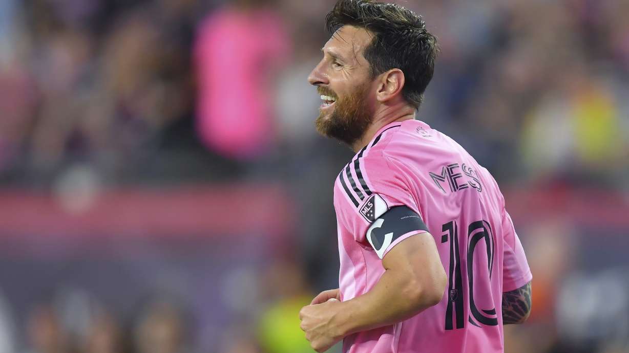 Inter Miami forward Lionel Messi celebrates after scoring in the first half of an MLS soccer match against the New England Revolution, Wednesday, July 9, 2025, in Foxborough, Mass.