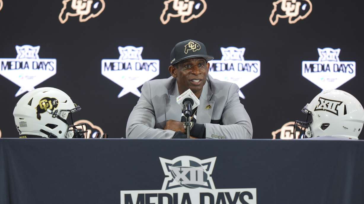 Colorado head coach Deion Sanders speaks during the Big 12 NCAA college football media day in Frisco, Texas, Wednesday, July 9, 2025.