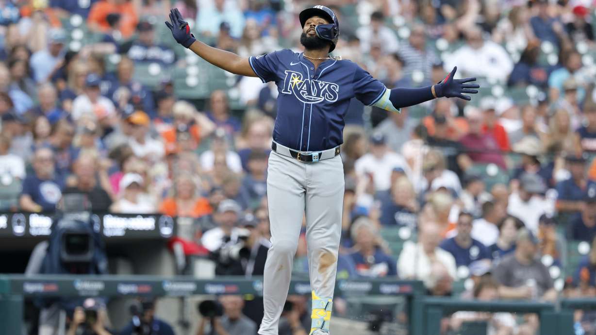 Tampa Bay Rays' Junior Caminero celebrates his home run against the Detroit Tigers during the seventh inning of a baseball game Wednesday, July 9, 2025, in Detroit.