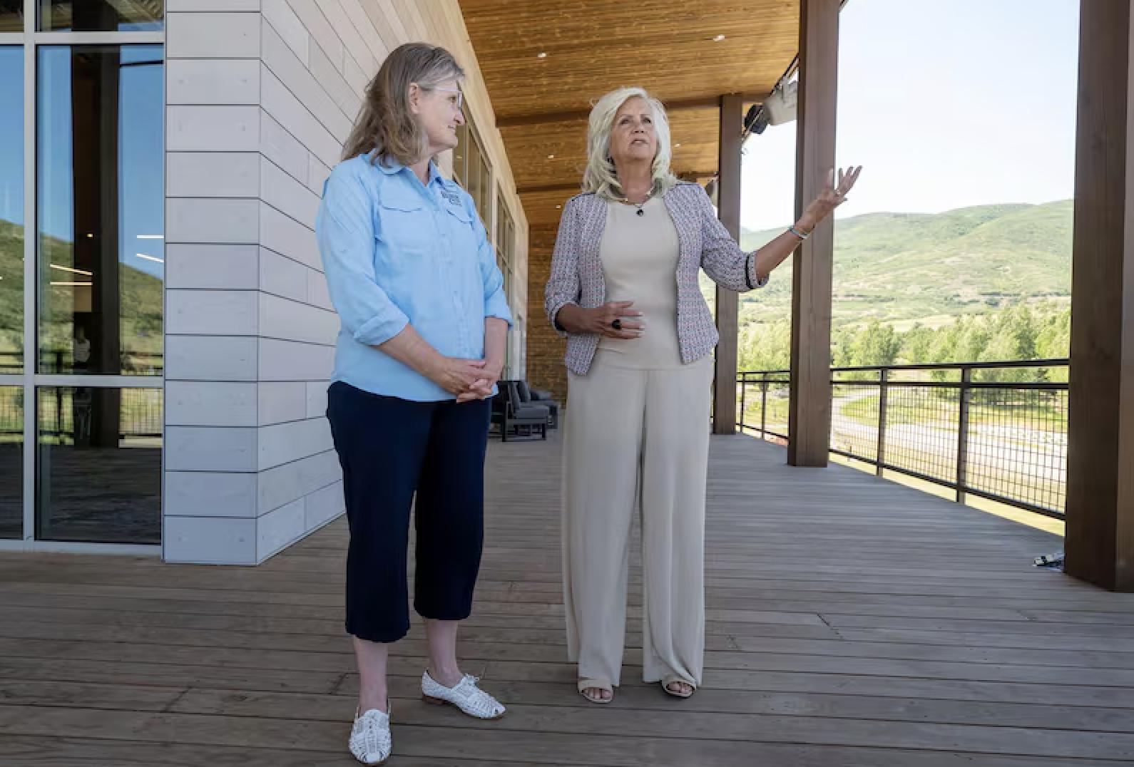 Mayor Heidi Franco, of Heber City, and Mayor Celeste Johnson, of Midway, talk with members of the media after joining the Olympic Organizing Committee for the 2034 Olympic and Paralympic Winter Games at the Soldier Hollow Nordic Center where Heber Valley community leaders take part in the organizing committee’s "listening tour" on Tuesday.