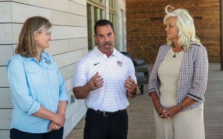 Brad Wilson, CEO of Salt Lake City-Utah 2034 Olympic and Paralympic Games stands with Mayor Heidi Franco, of Heber City and Mayor Celeste Johnson, of Midway, as they talk with members of the media after joining the Olympic Organizing Committee for the 2034 Olympic and Paralympic Winter Games at the Soldier Hollow Nordic Center where Heber Valley community leaders take part in the organizing committee’s "listening tour" on Tuesday.