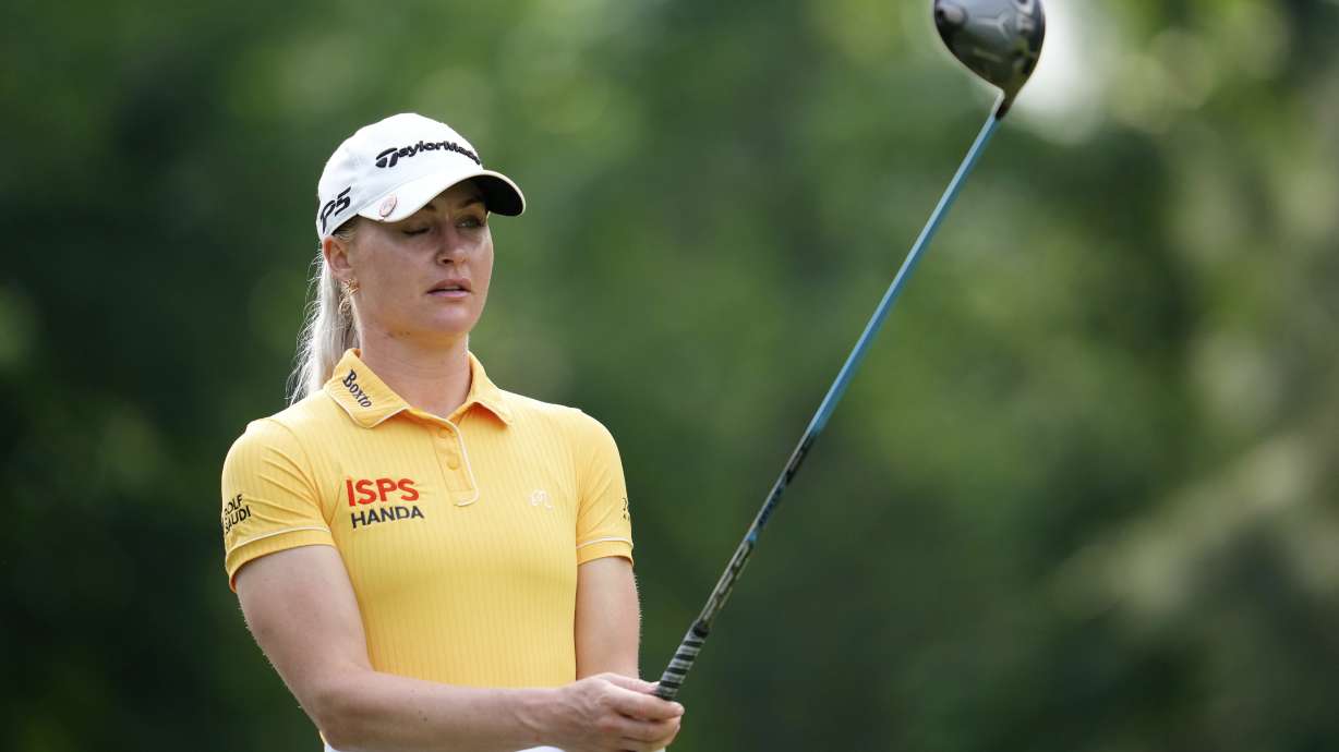 FILE - Charley Hull, of England, prepares to hit on the 13th hole during the first round of the Chevron Championship LPGA golf tournament April 24, 2025, in The Woodlands, Texas.