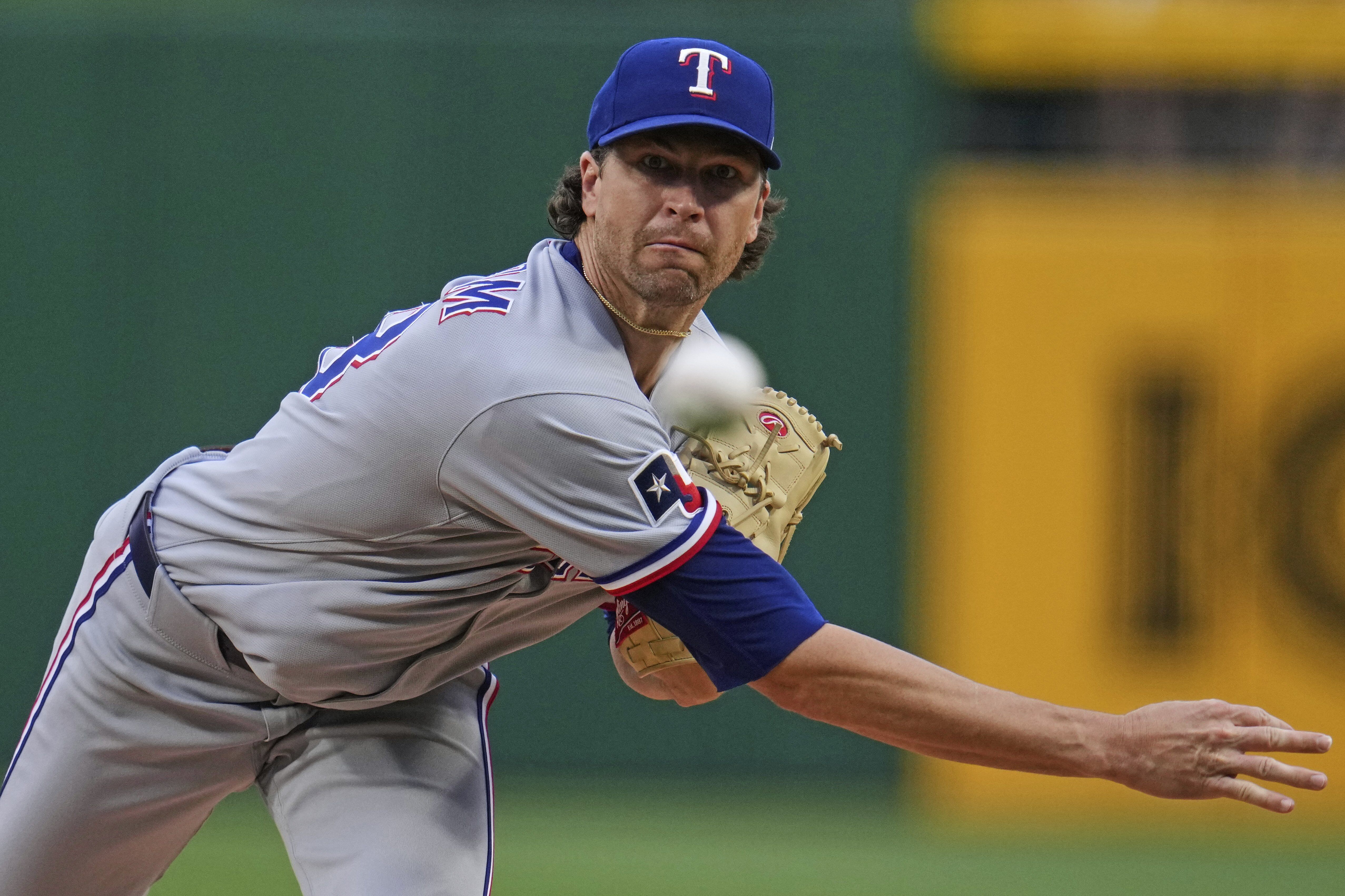 Texas Rangers pitcher Jacob deGrom delivers during the first inning of a baseball game against the Pittsburgh Pirates in Pittsburgh, Friday, June 20, 2025.