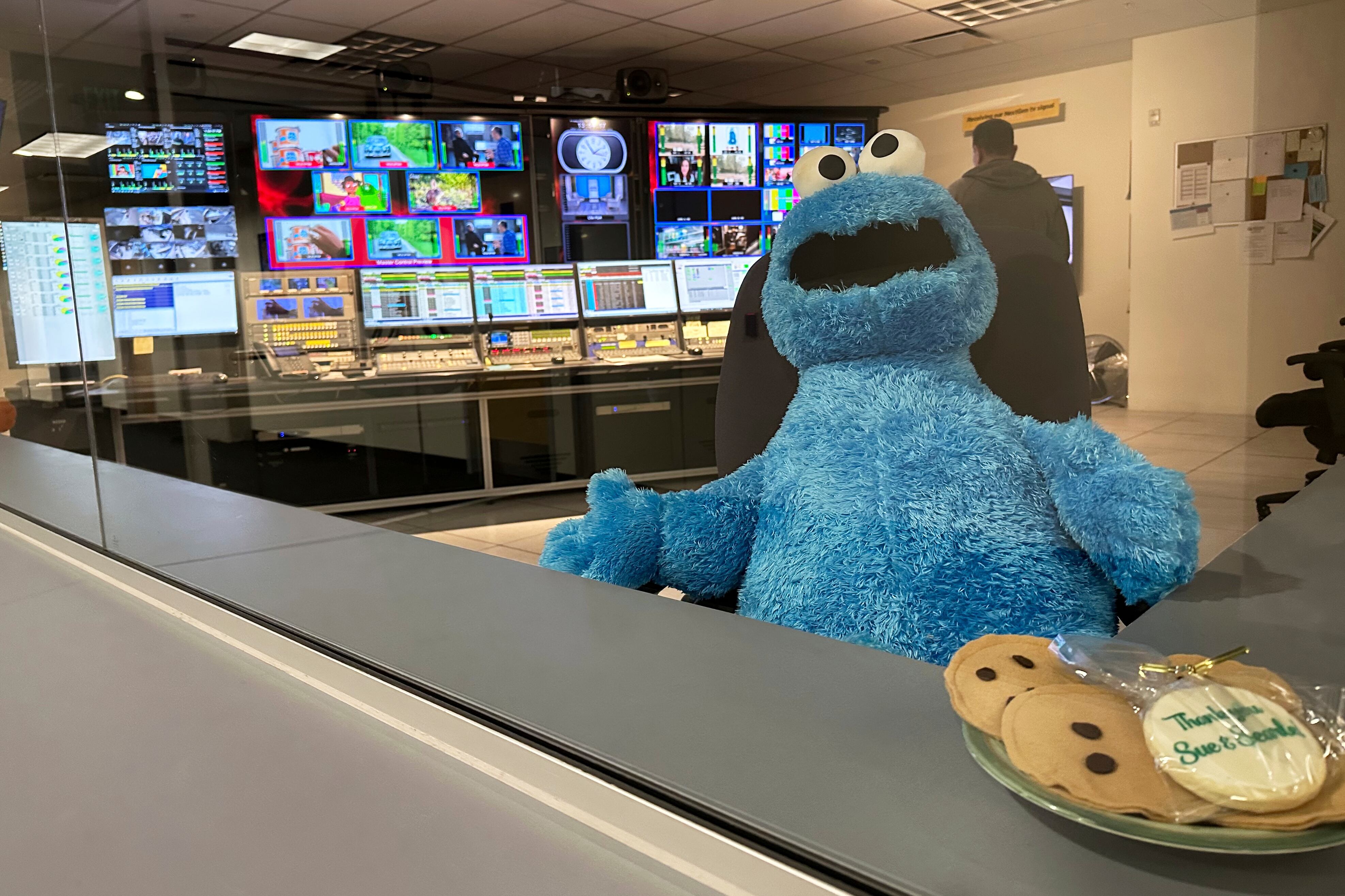 A stuffed Cookie Monster is seated in a control room at the Arizona PBS offices at the Walter Cronkite School of Journalism and Mass Communication in Phoenix, May 2.