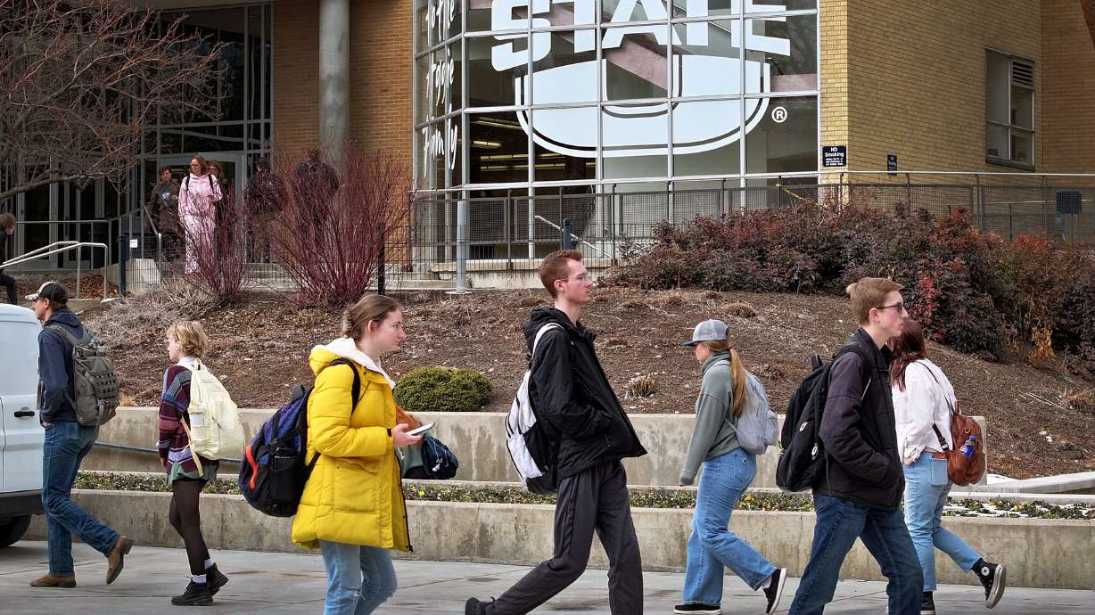 Students at Utah State University in Logan on Jan. 17. A dedicated housing complex is opening for student veterans in Hyde Park.