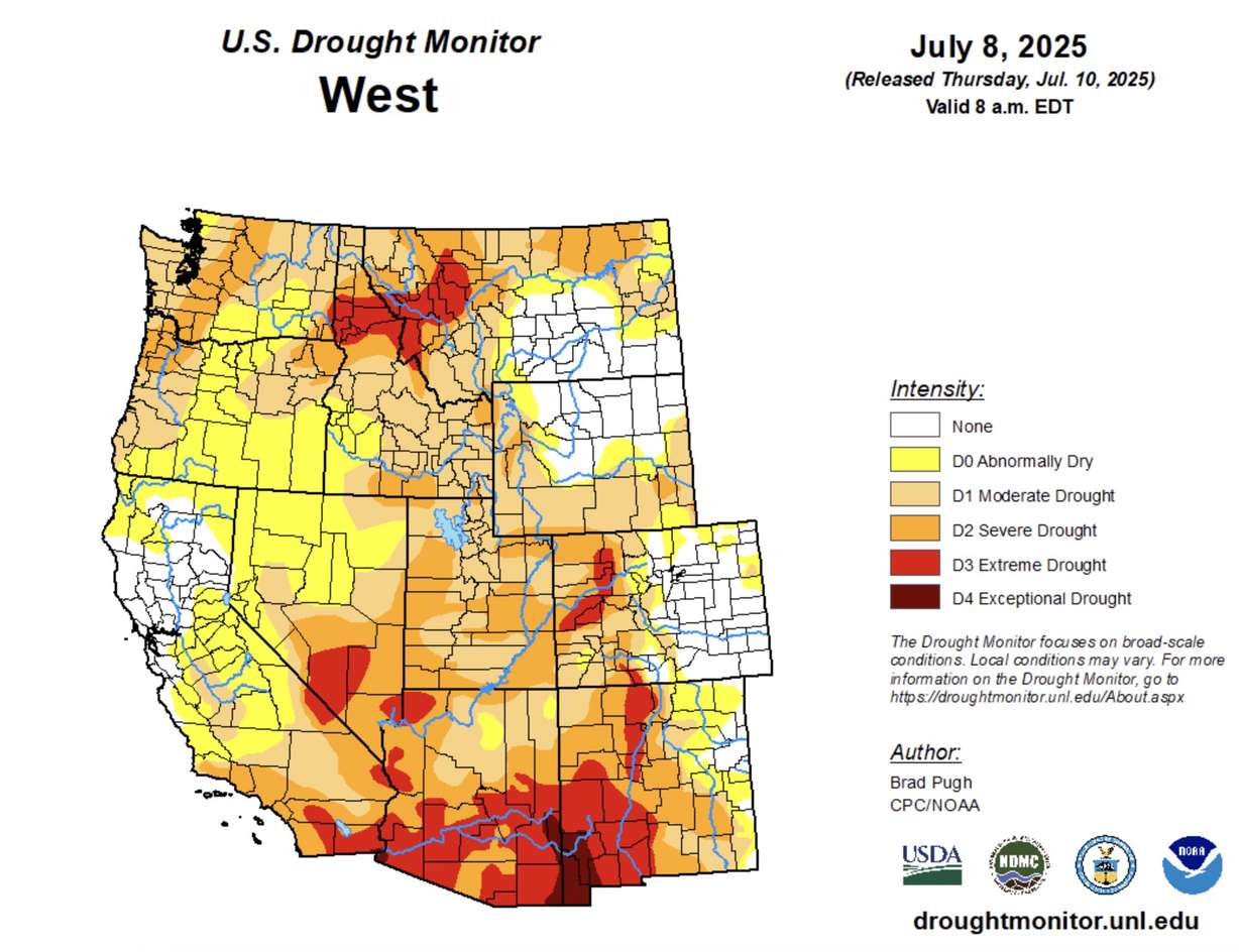 A map of drought conditions across the West as of Thursday. Moderate drought or worse conditions remain within nearly two-thirds of the region following various precipitation trends this year.