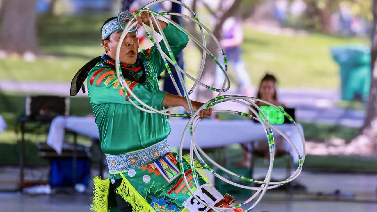 A hoop dancer performs on July 8, 2024, at Thanksgiving Point in Lehi. Hoop dancing will be featured at Native Market Days at Utah Valley University in Orem on Friday and Saturday.