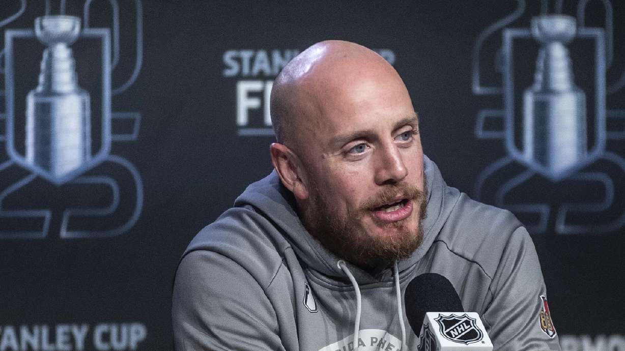 Florida Panthers' Nate Schmidt speaks during a news conference for the NHL hockey Stanley Cup Finals. Thursday, June 5, 2025, in Edmonton, Alberta.