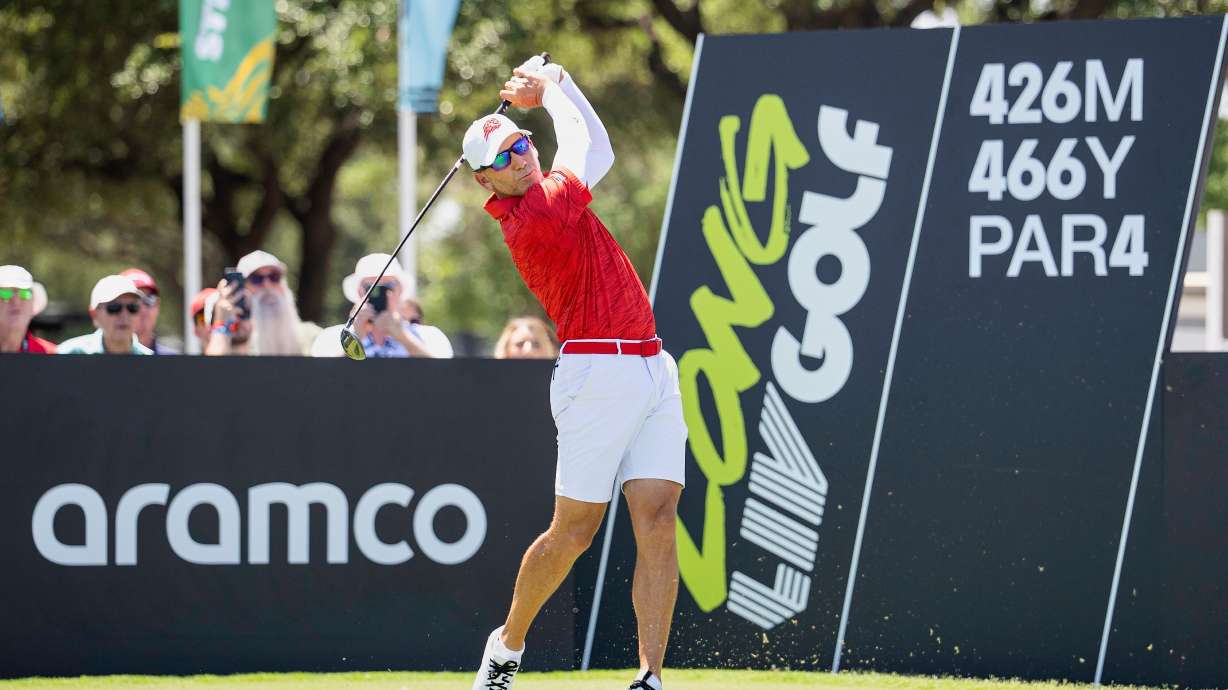 Captain Sergio Garcia, of Fireballs GC, hits his shot from the 10th tee during the second round of LIV Golf Dallas at Maridoe Golf Club , Saturday, June 28, 2025 in Carrollton, Texas.