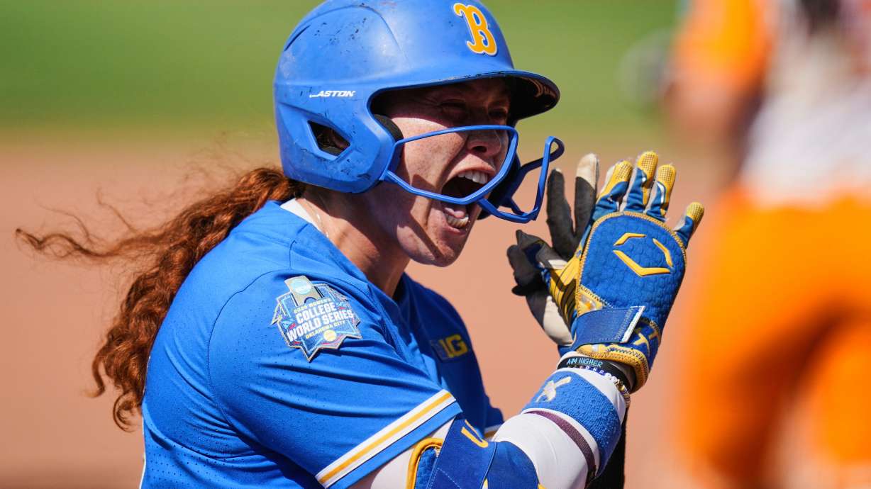 FILE - UCLA's Megan Grant (43) rounds the bases after hitting a home run during an NCAA softball Women's College World Series elimination game against Tennessee, Sunday, June 1, 2025 in Oklahoma City.