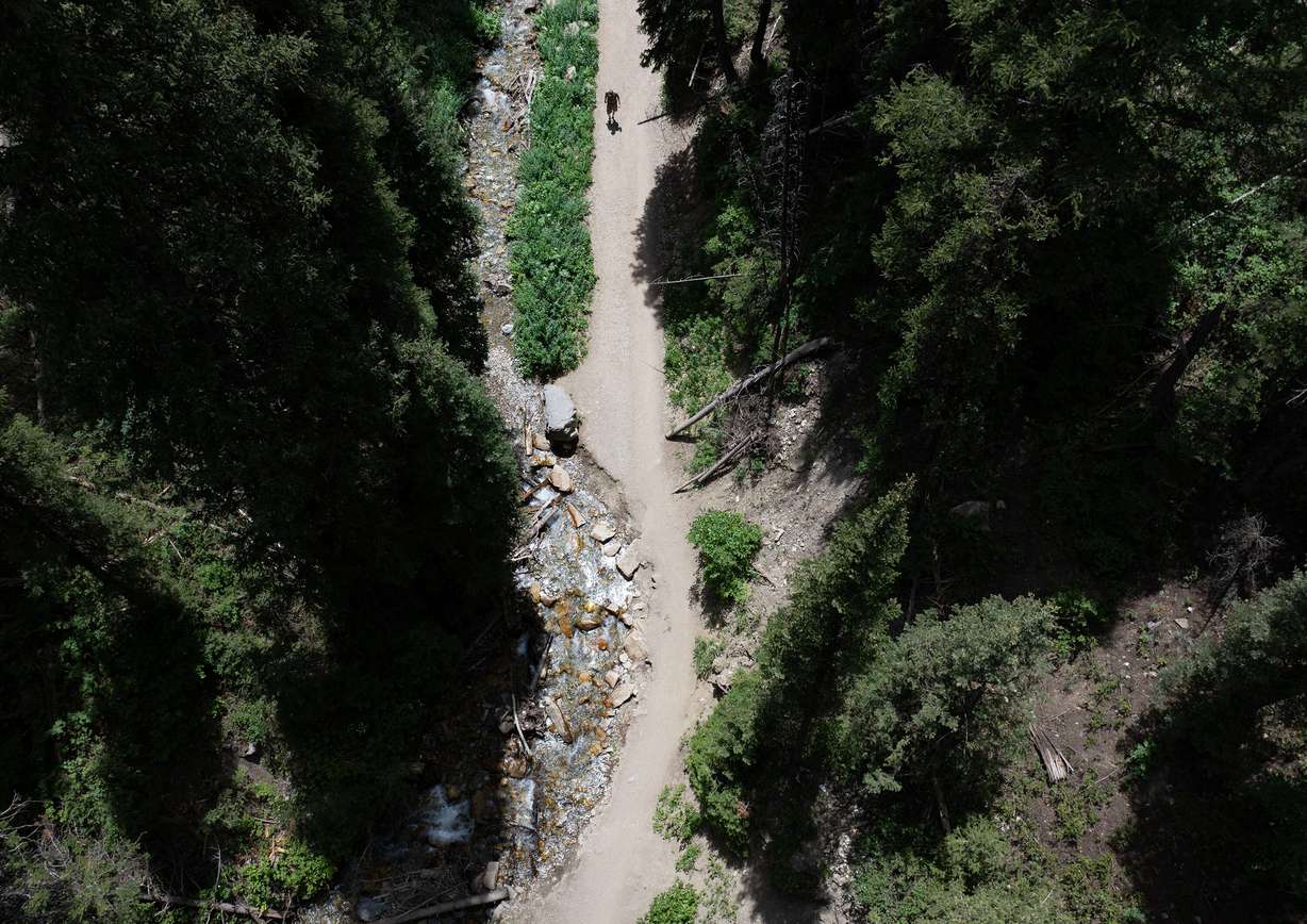 Cyle Buxton walks the road that leads to his property in Big Cottonwood Canyon’s Cardiff Canyon in Salt Lake County on Wednesday. A portion of the road has eroded so much that he cannot access his property by vehicle.