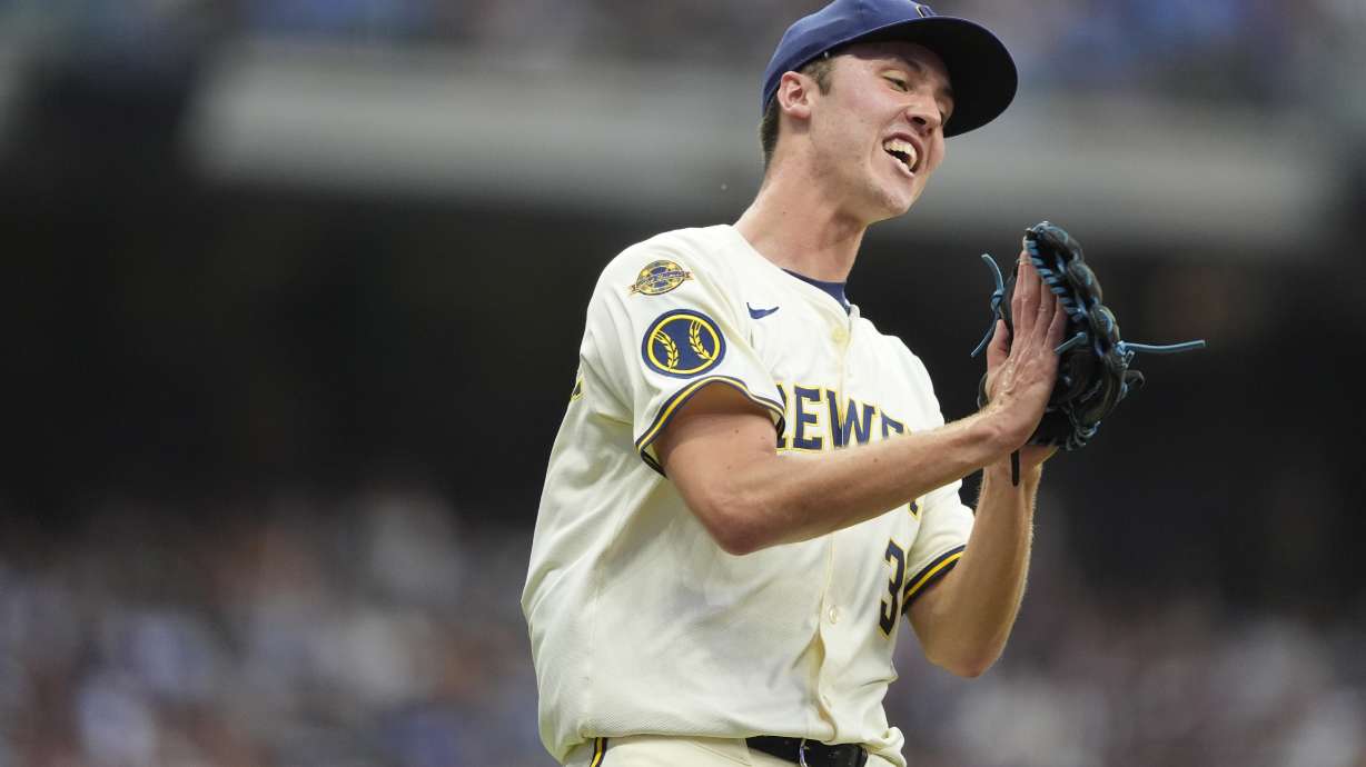 Milwaukee Brewers' Jacob Misiorowski reacts during the sixth inning of a baseball game against the Los Angeles Dodgers, Tuesday, July 8, 2025, in Milwaukee.