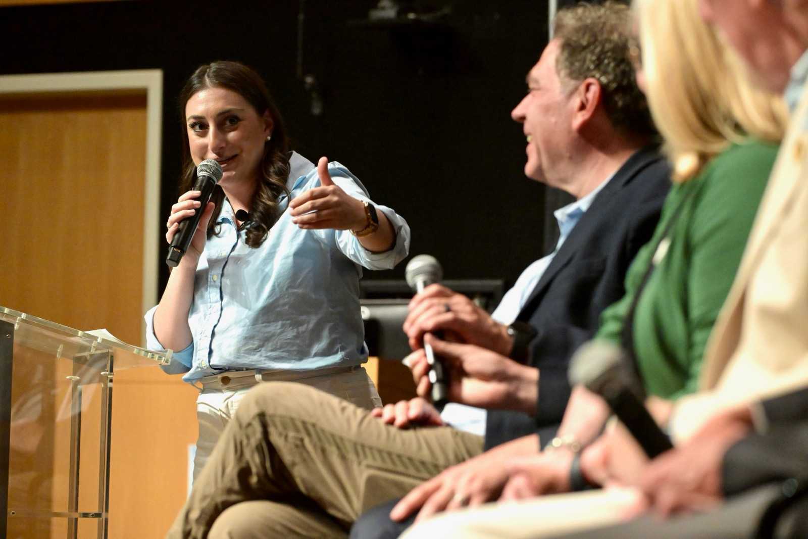 U.S. Rep. Sara Jacobs, D-California, moderates a town hall meeting in Sandy on Friday.