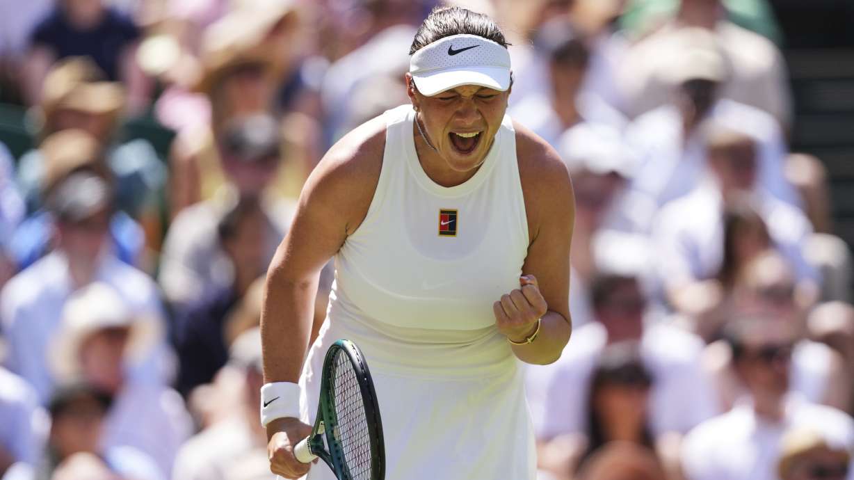 Amanda Anisimova of the U.S. reacts during the women's singles semifinal match against Aryna Sabalenka of Belarus at the Wimbledon Tennis Championships in London, Thursday, July 10, 2025.