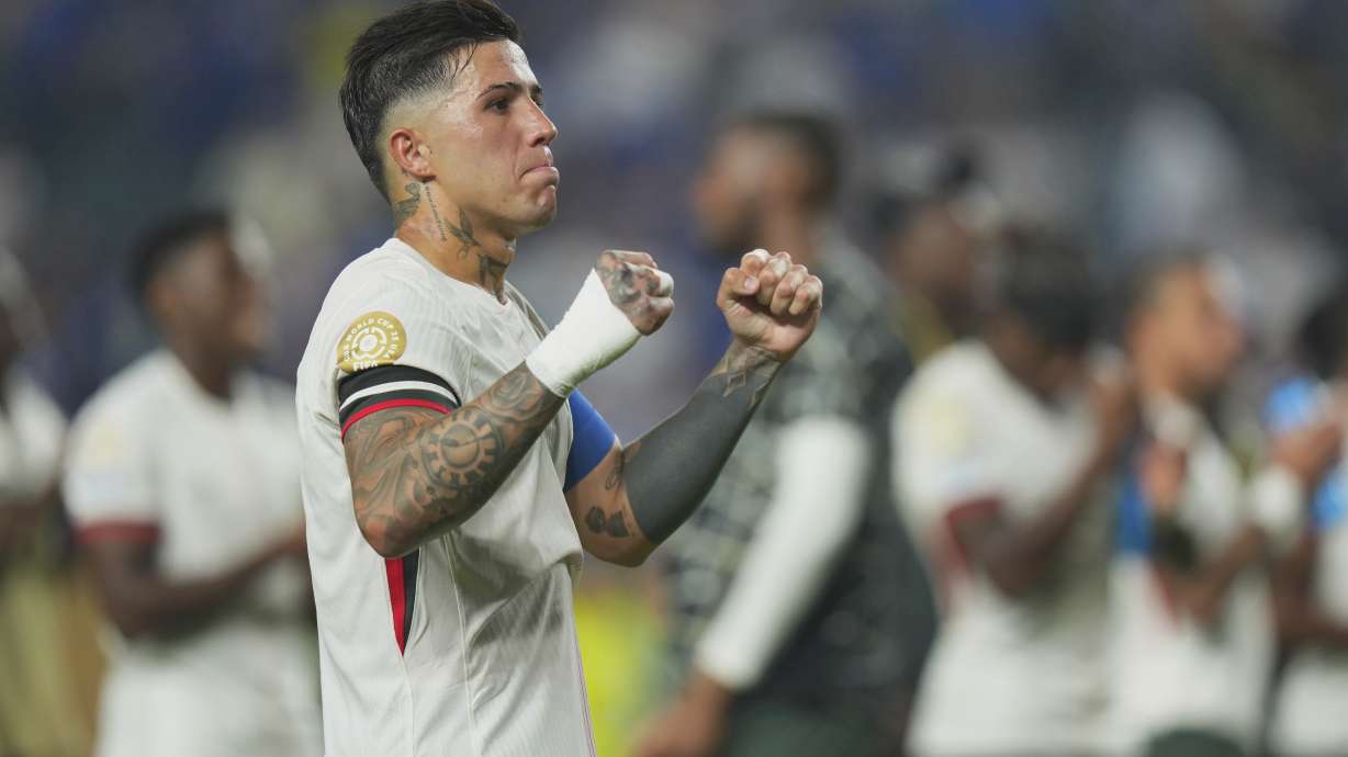 Chelsea's Enzo Fernandez reacts at the end of the Club World Cup quarterfinal soccer match between Palmeiras and Chelsea in Philadelphia, Friday, July 4, 2025.