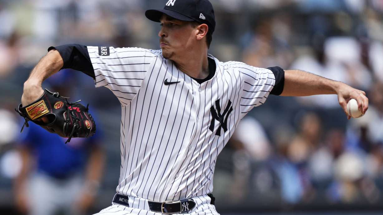New York Yankees pitcher Max Fried (54) throws during the first inning of a baseball game against the Chicago Cubs, Saturday, July 12, 2025, in New York.