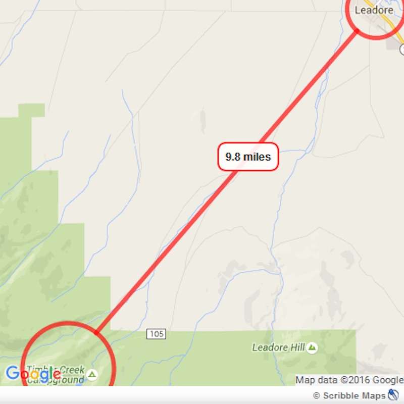 A map showing the distance between Leadore and Timber Creek Campground, where DeOrr Kunz Jr. disappeared 10 years ago.