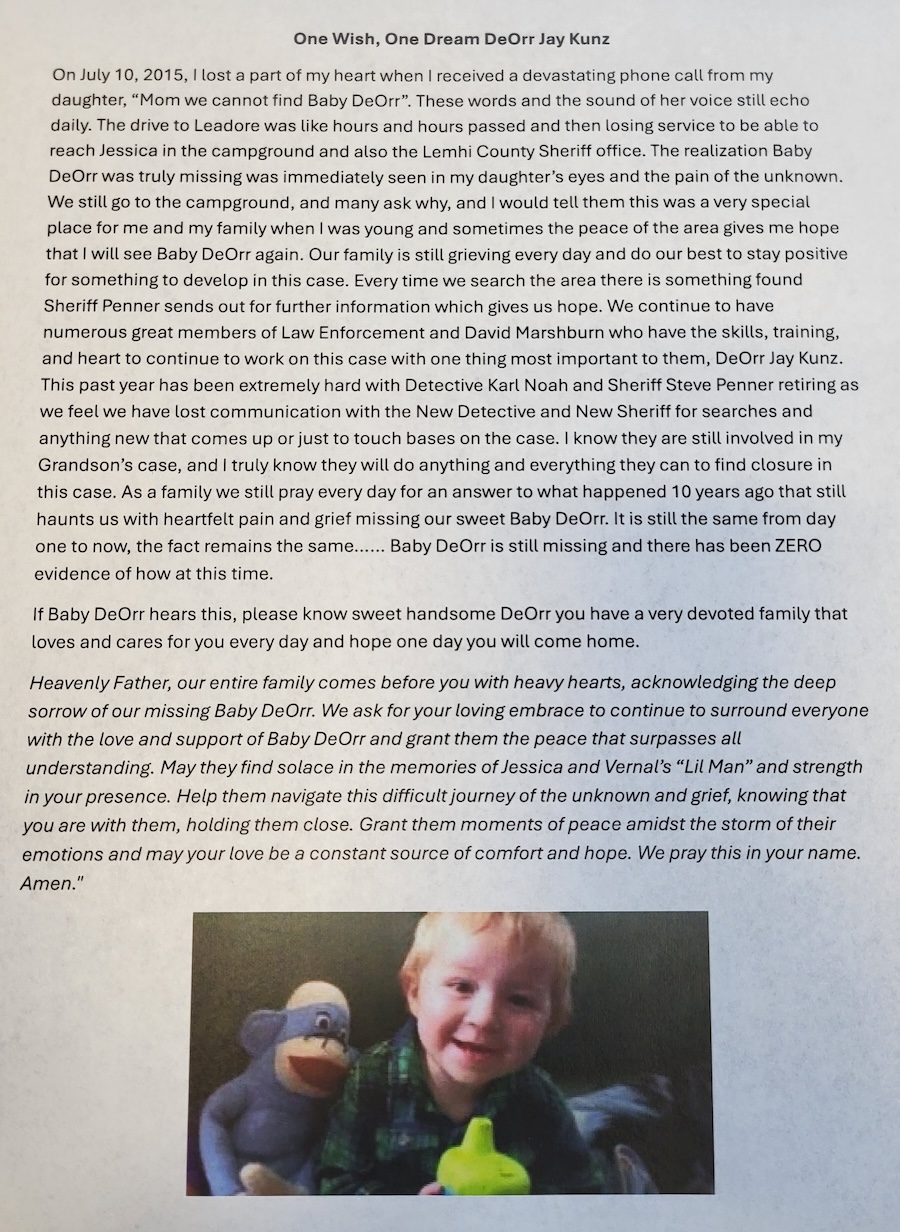 Trina Clegg released this statement on the 10th anniversary of her grandson’s disappearance, on Thursday. Clegg said she and her family still visit the campground because it gives them hope.