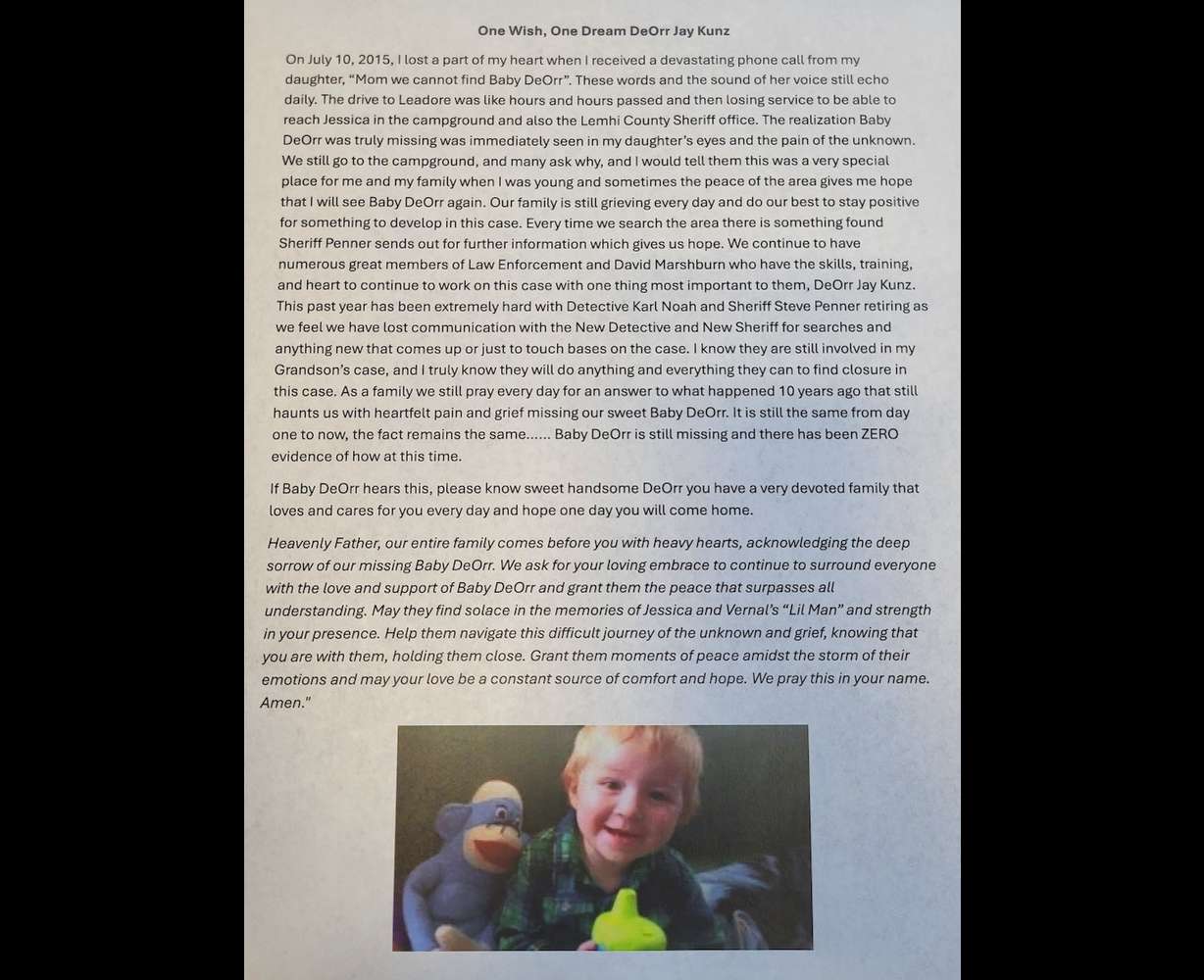 Trina Clegg released this statement on the 10th anniversary of her grandson’s disappearance, on Thursday. Clegg said she and her family still visit the campground because it gives them hope.
