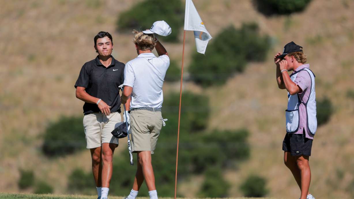 BYU’s Simon Kwon congratulates Bowen Mauss after conceding the match during the finals of the 127th Utah State Amateur Championship held at the Logan Country Club in Logan on Saturday, July 12, 2025.