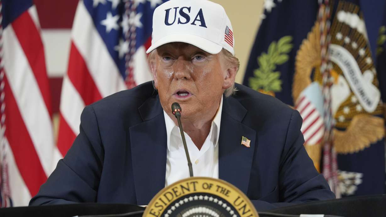 President Donald Trump speaks during a roundtable discussion with first responders and local officials at Hill Country Youth Event Center in Kerrville, Texas, during a tour to observe flood damage, Friday, July 11, 2025.
