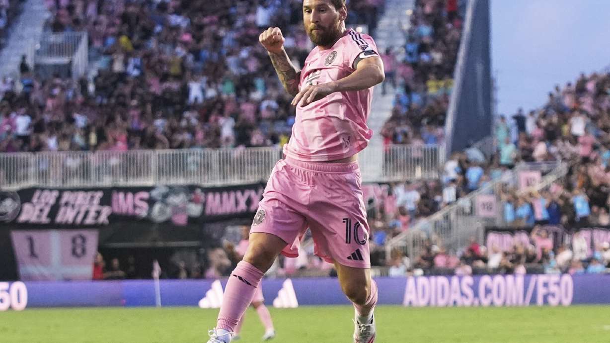 Inter Miami forward Lionel Messi (10) reacts after scoring a goal during the first half of an MLS soccer match against Nashville SC, Saturday, July 12, 2025, in Fort Lauderdale, Fla.