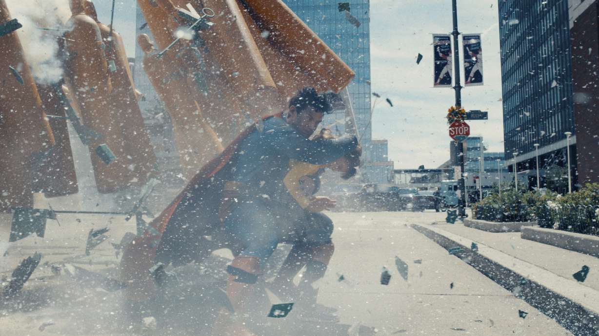 This image released by Warner Bros. Pictures shows David Corenswet in a scene from "Superman."