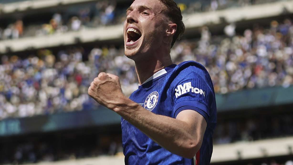 Chelsea's Cole Palmer reacts after scoring a goal against Paris Saint-Germain during the first half of the Club World Cup final soccer match in East Rutherford, N.J., Sunday, July 13, 2025.