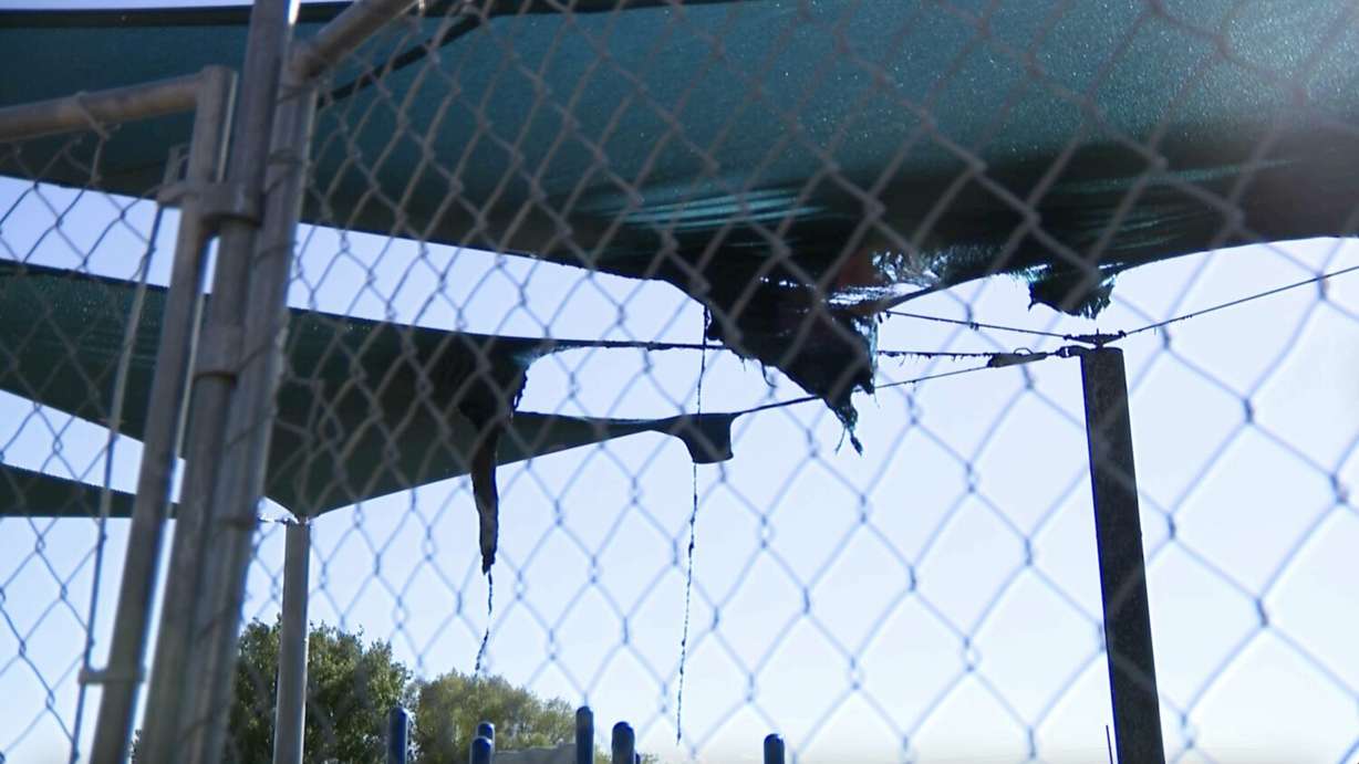 The tarp shades overhanging Quail Orchard Park in Provo hang after being burned on Thursday.