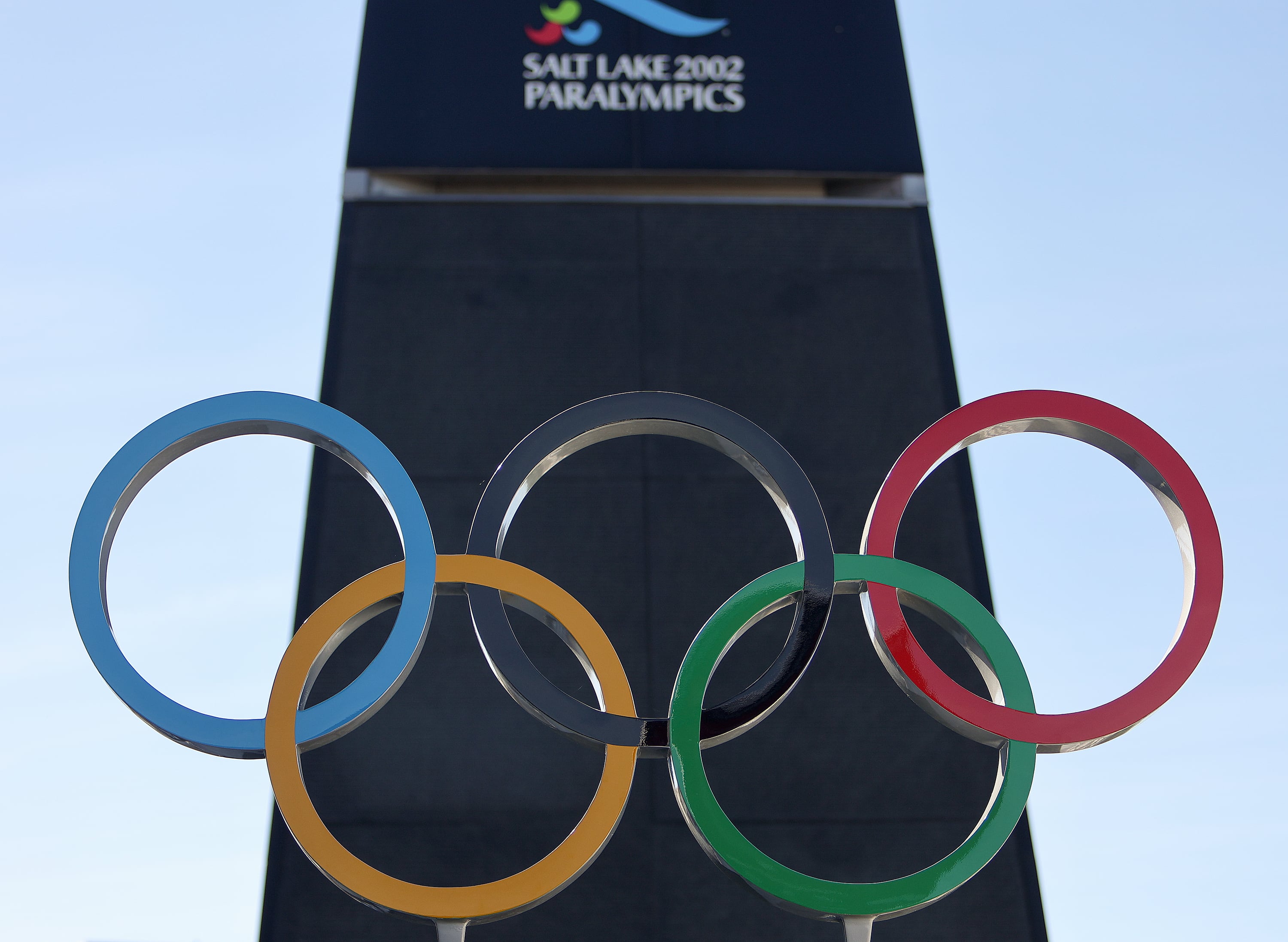 The Olympic rings at the University of Utah Rice-Eccles Stadium in Salt Lake City on May 28. Utah Sen. John Curtis is pushing the U.S. Treasury to mint special edition coins commemorating the upcoming Olympics in Los Angeles and Salt Lake City.
