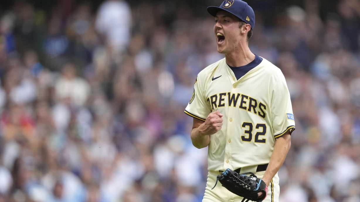 Milwaukee Brewers' Jacob Misiorowski reacts after striking out Los Angeles Dodgers' Freddie Freeman during the third inning of a baseball game Tuesday, July 8, 2025, in Milwaukee.