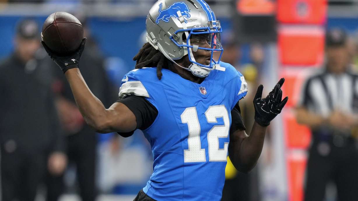 FILE - Detroit Lions quarterback Teddy Bridgewater (12) throws against the Washington Commanders during the first half of an NFL football divisional playoff game, Saturday, Jan. 18, 2025, in Detroit.